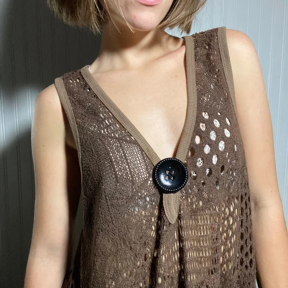 Lily by Firmiana Whimsigoth Brown Crochet Knit Vest Boho Longline Goblincore - L